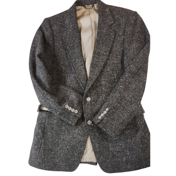 38 Mens Black Tweed Wool BLAZER Two Button Sport Coat VTG Clean Unique Academia - Picture 1 of 8